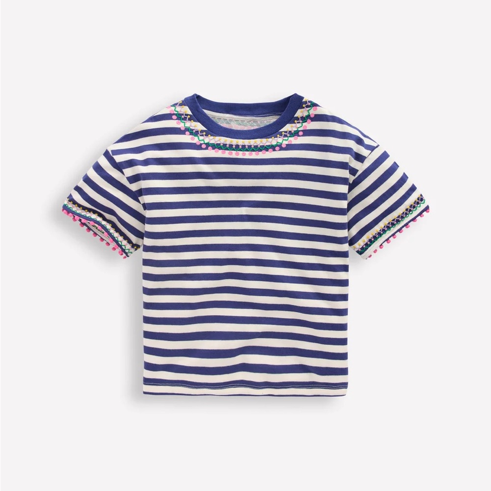 NWT MINI BODEN Relaxed Embroidered T-shirt in Navy Stripe - Picture 2 of 8